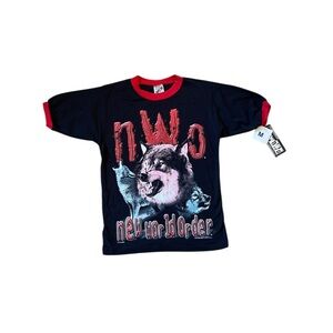 Vintage 1998 WWF WCW NWO Wolfpac Kids Ringer T-Shirt Black Red Size M
